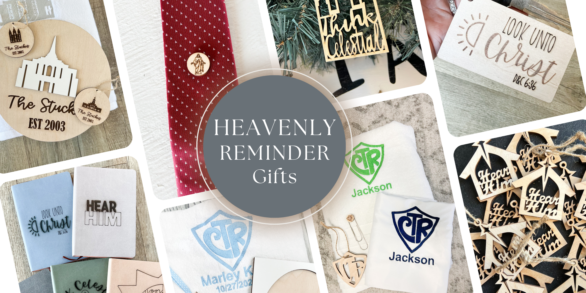 Heavenly Reminder Gifts homepage banner featuring Christ-centered LDS gift ideas for every season—baptisms, missions, weddings, and youth programs. Showcasing uplifting faith-based products like personalized towels, printable devotionals, and temple artwork, all handmade to help families stay rooted in the gospel. Explore meaningful LDS gifts designed to inspire the covenant path and point hearts to Jesus Christ.