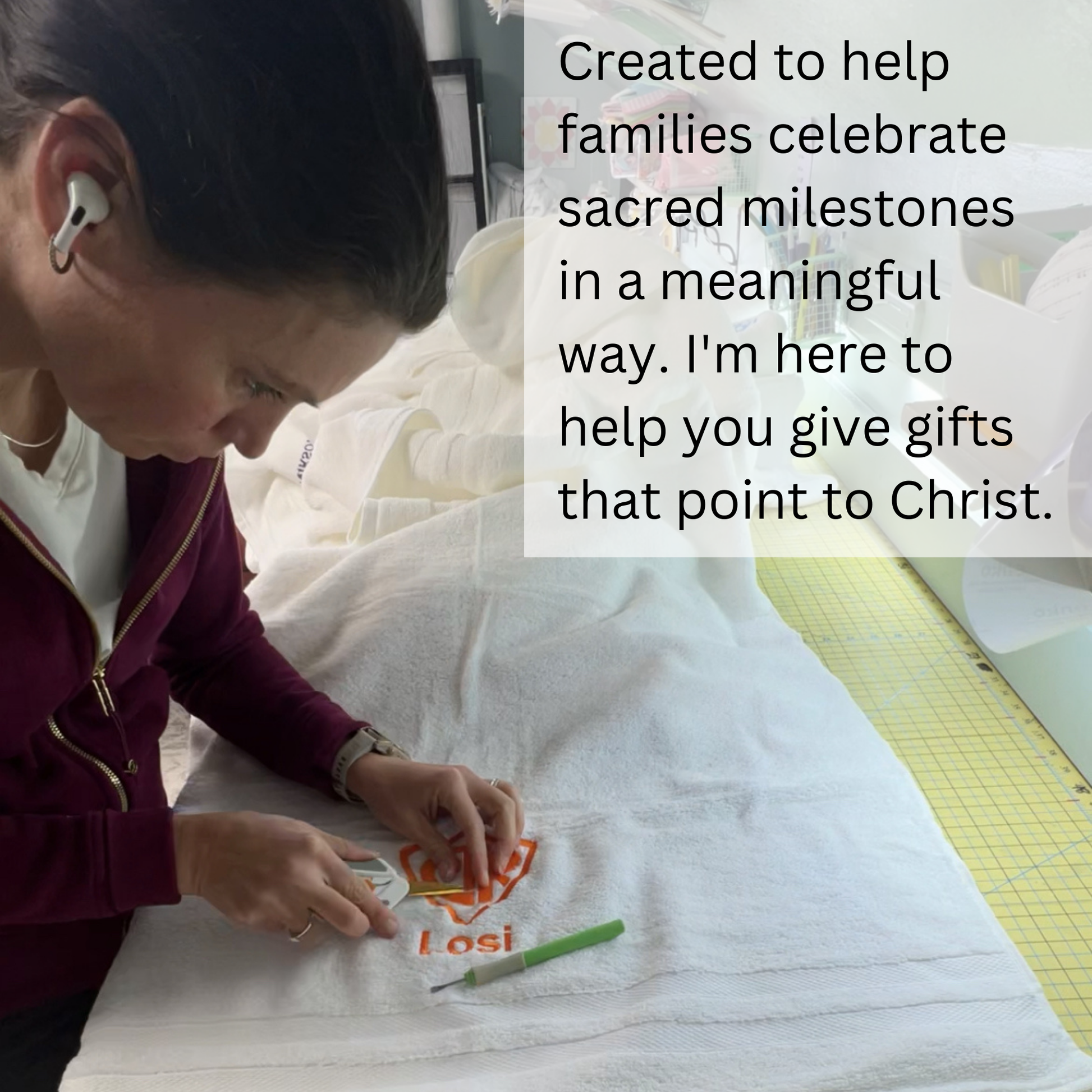 Heavenly Reminder Gifts baptism towel made by Bobbie, mother of five and LDS small business owner in Idaho, handmade personalized LDS baptism gifts that reflect faith, care, and covenant-keeping values
