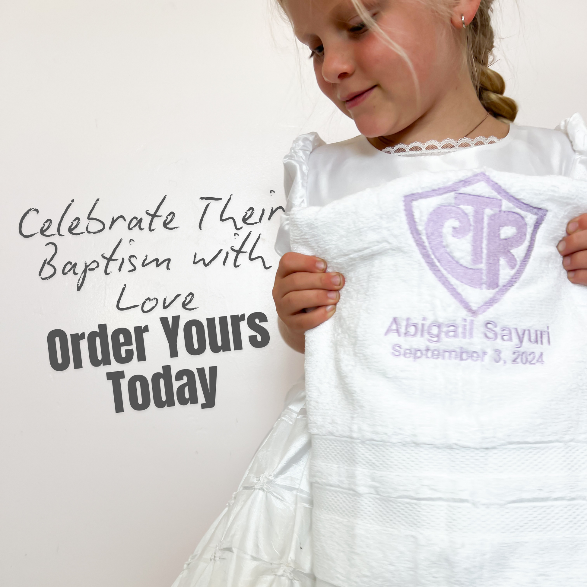 Encouragement to add on printable baptism gifts or wooden prayer coins with towel purchase, boost gift impact for young boys and girls entering the Church of Jesus Christ of Latter-day Saints, call to action to order now
