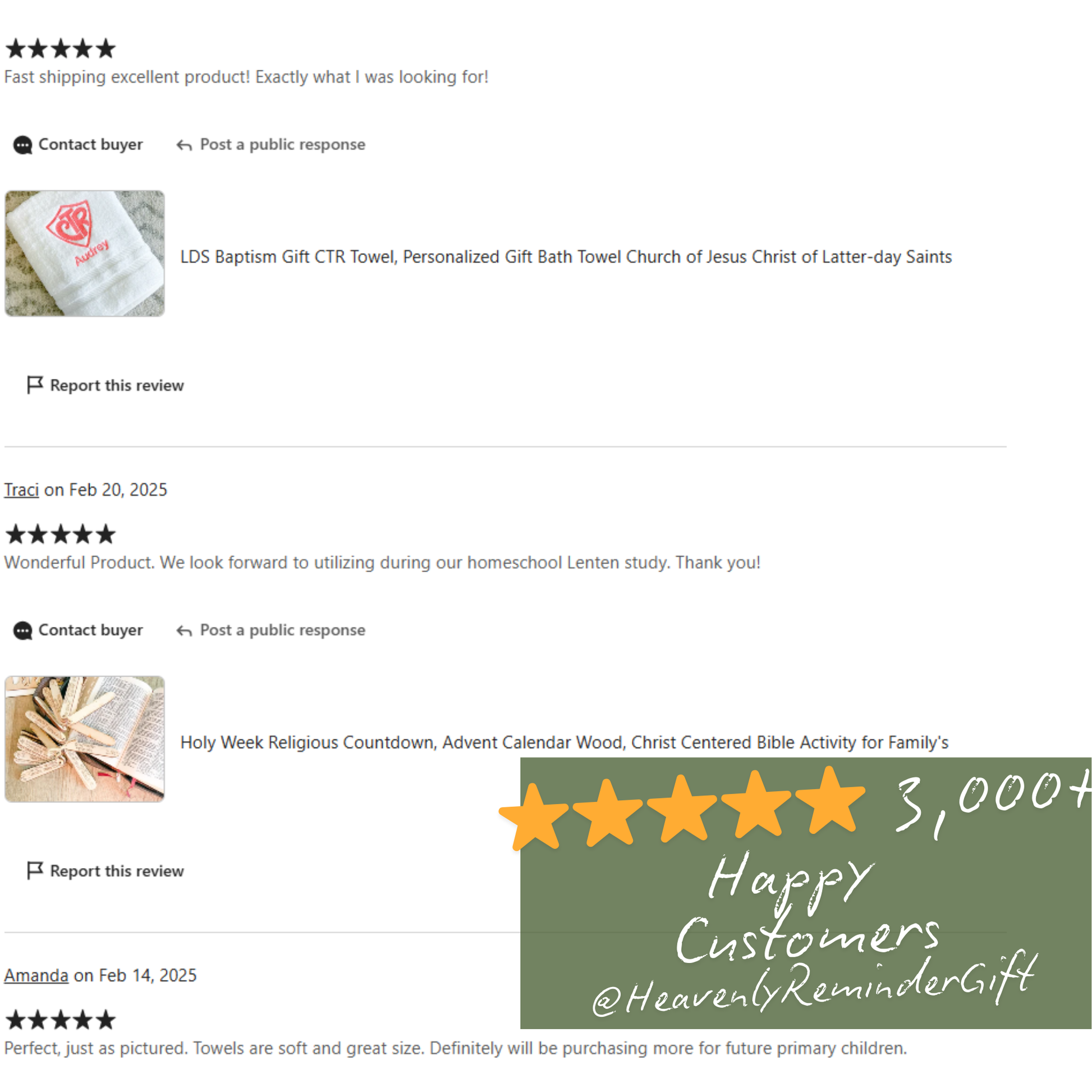 Customer reviews praising personalized CTR towels for LDS baptisms, real 5-star feedback from parents and leaders, testimonials for custom name towels, quotes about gifting ease and emotional impact