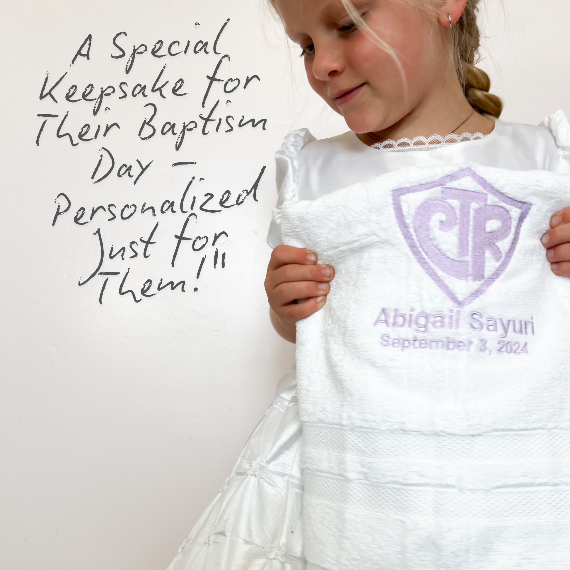 CTR towel benefits image showcasing comfort, spiritual value, personalization, and high-quality material, perfect LDS baptism gifts for Primary children, grandparents, and youth groups