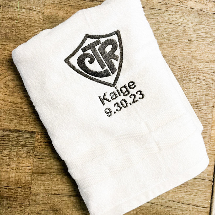 Personalized CTR baptism towel for LDS kids with name and date embroidery, white cotton towel perfect for baptism gifts for boys and girls in The Church of Jesus Christ of Latter-day Saints, keepsake LDS towel displayed neatly for gifting
