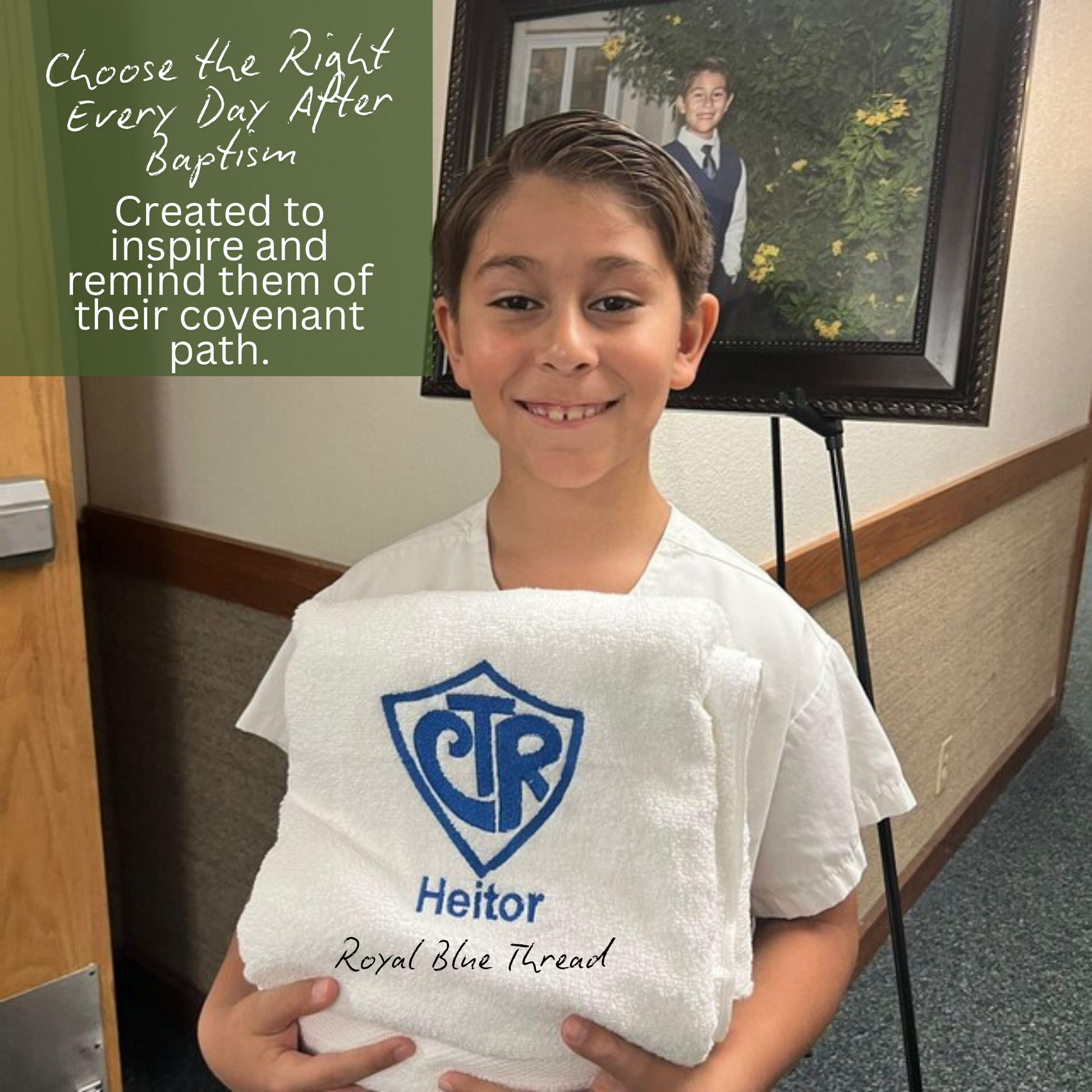 Three Latter-day Saint children holding custom embroidered towels at their baptism day, white CTR towels personalized for each child, baptism keepsakes for boys and girls, joyful covenant path celebration photo