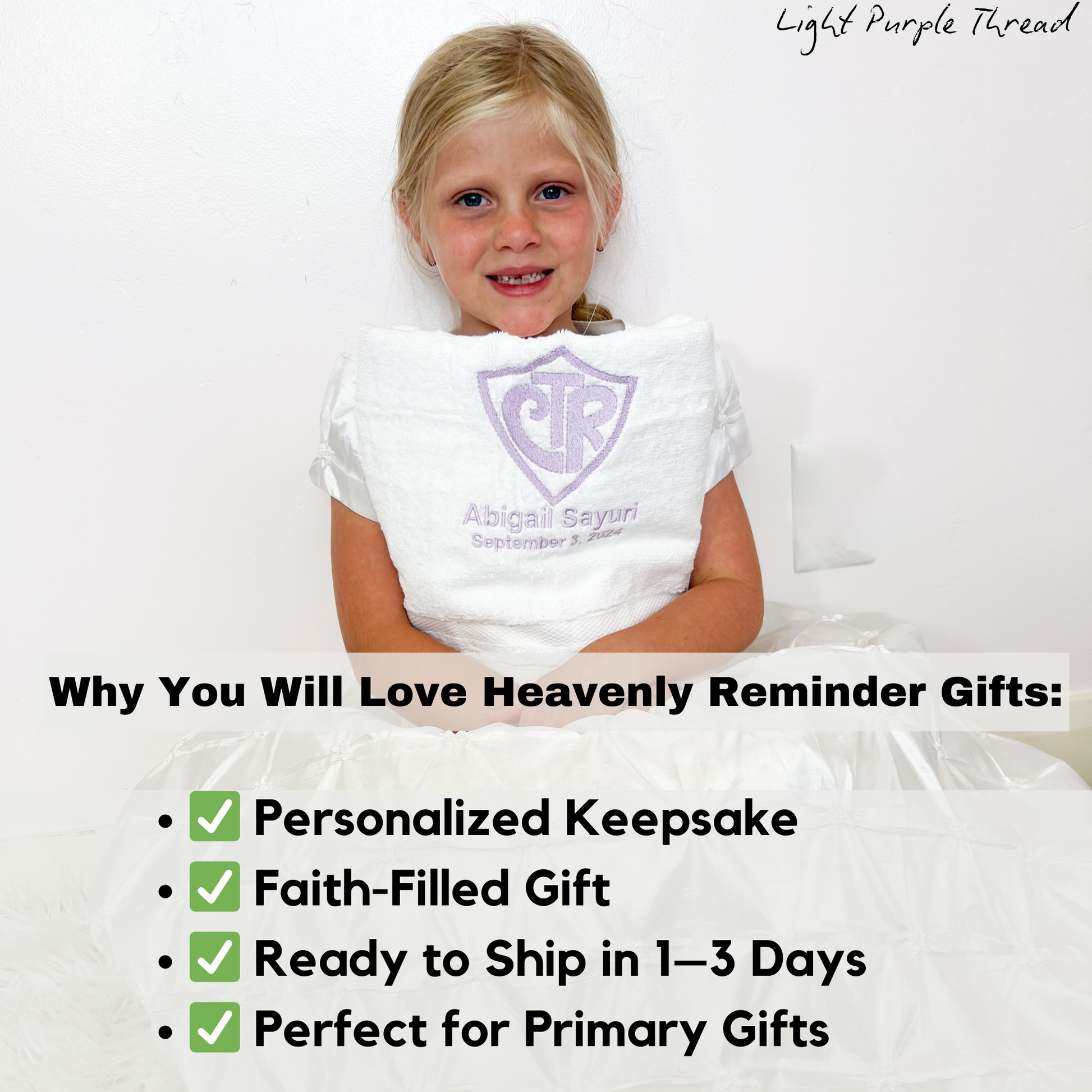 Close-up of embroidered CTR towel with stitched name and date, highlighting Choose the Right shield design for LDS baptism gift, ideal for covenant path keepsakes, primary children, and youth turning 8 years old in the Latter-day Saint faith