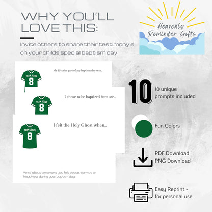 LDS Baptism Testimony Cards: Team Jesus Jersey Baptism Printables 3.5x5 inch Notecards