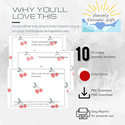 LDS Baptism Testimony Cards: Cherries Baptism Printables 3.5x5 inch Notecards