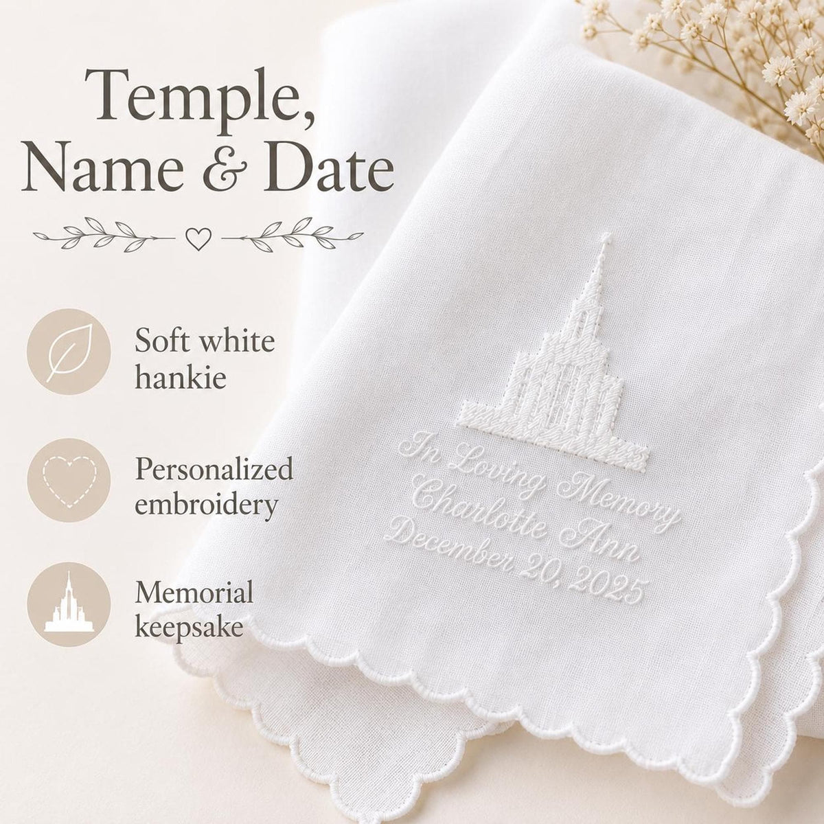 LDS Temple Memorial Handkerchief | Personalized