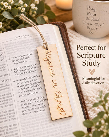 Rejoice in Christ Script Wood Bookmark