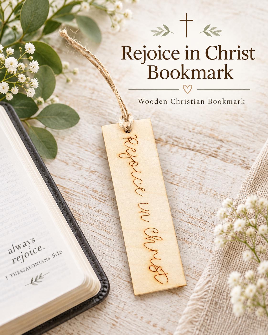 Rejoice in Christ Script Wood Bookmark