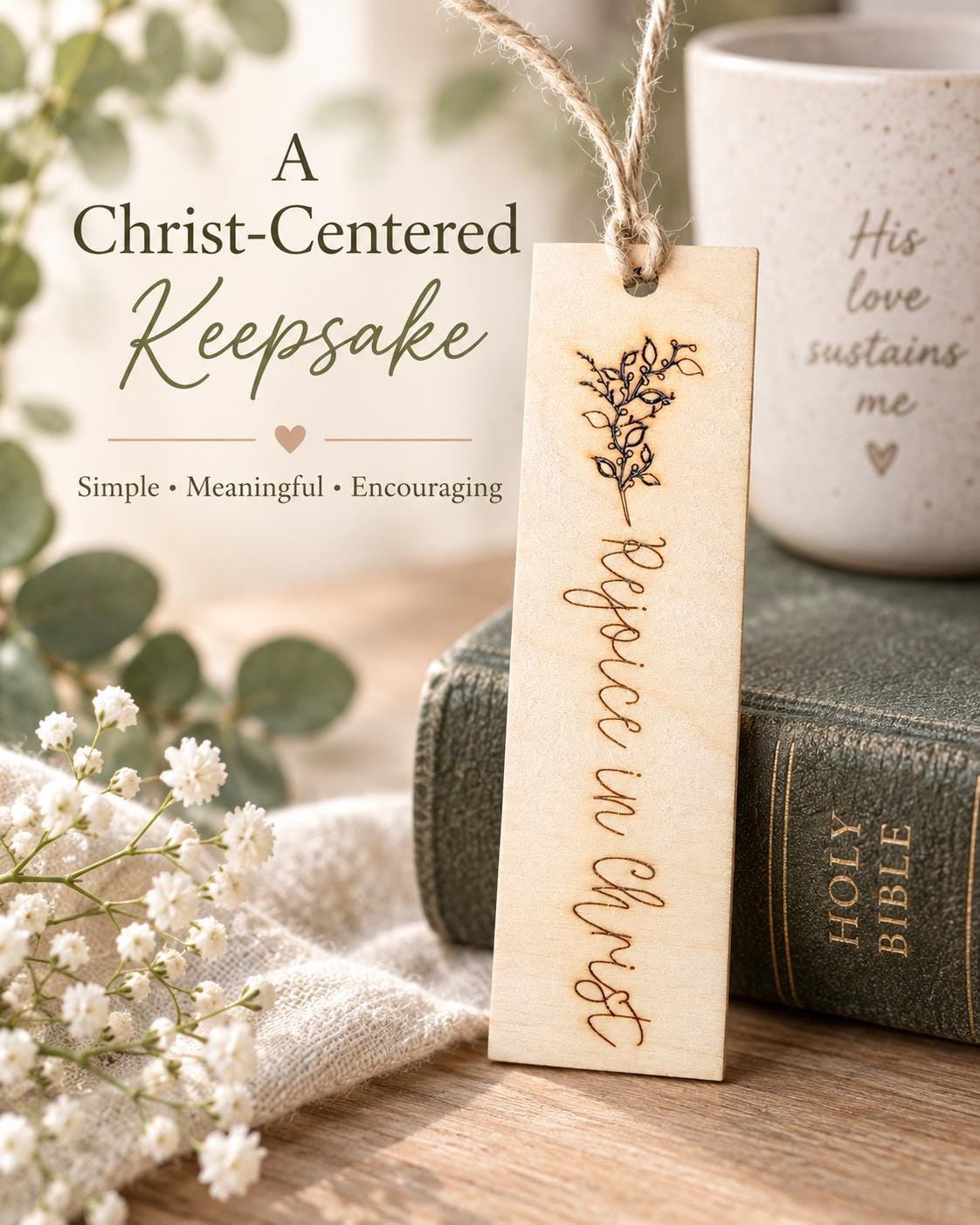 Rejoice in Christ Floral Wood Bookmark