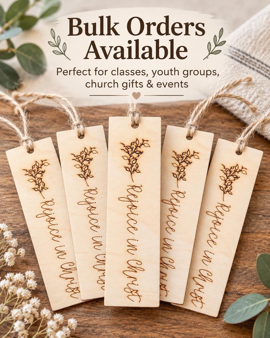 Rejoice in Christ Floral Wood Bookmark