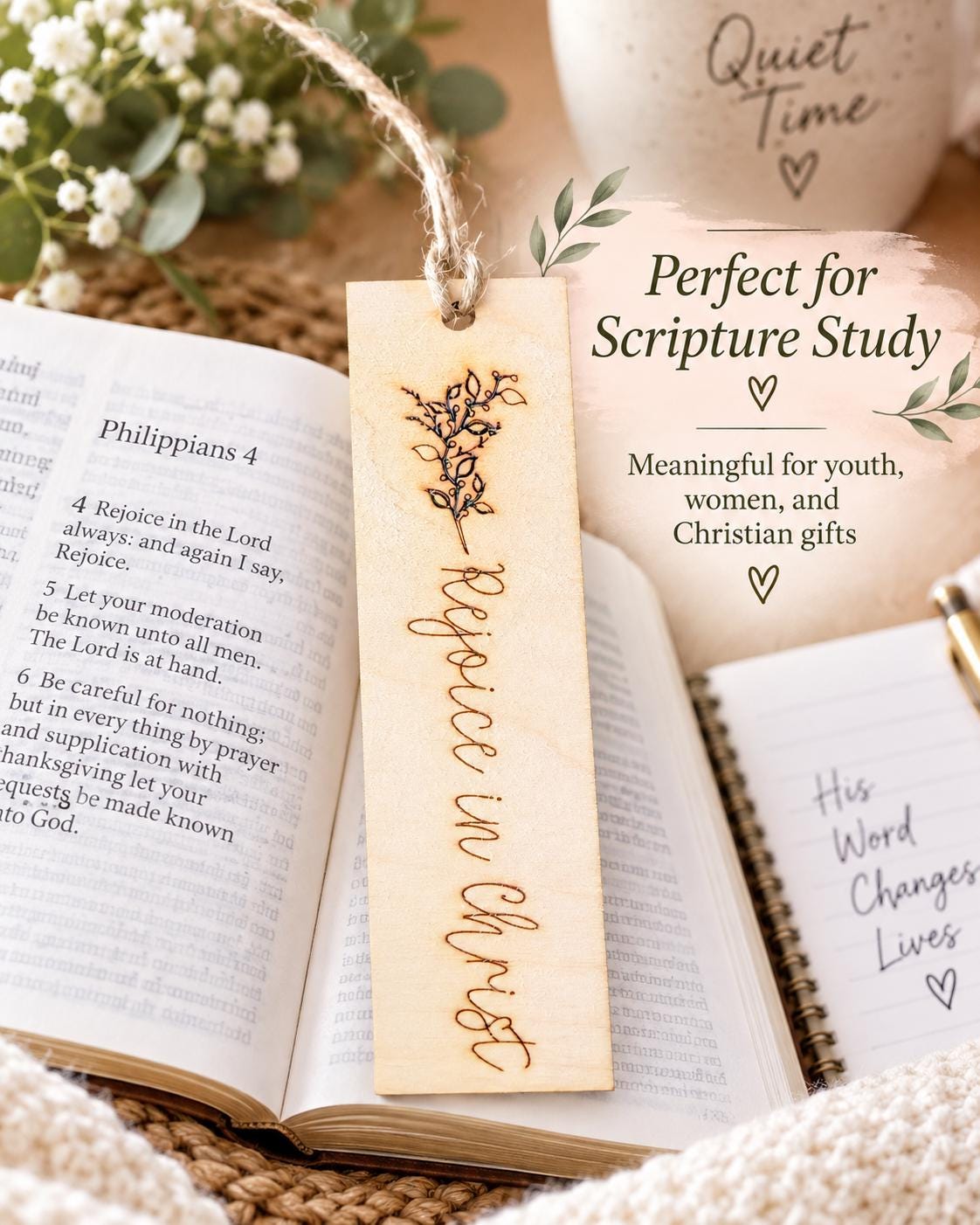 Rejoice in Christ Floral Wood Bookmark