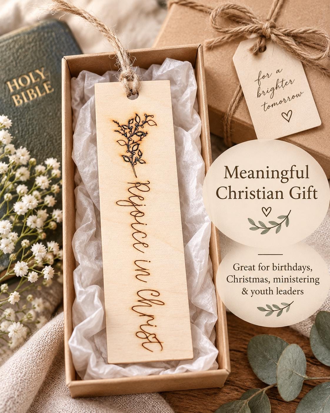 Rejoice in Christ Floral Wood Bookmark
