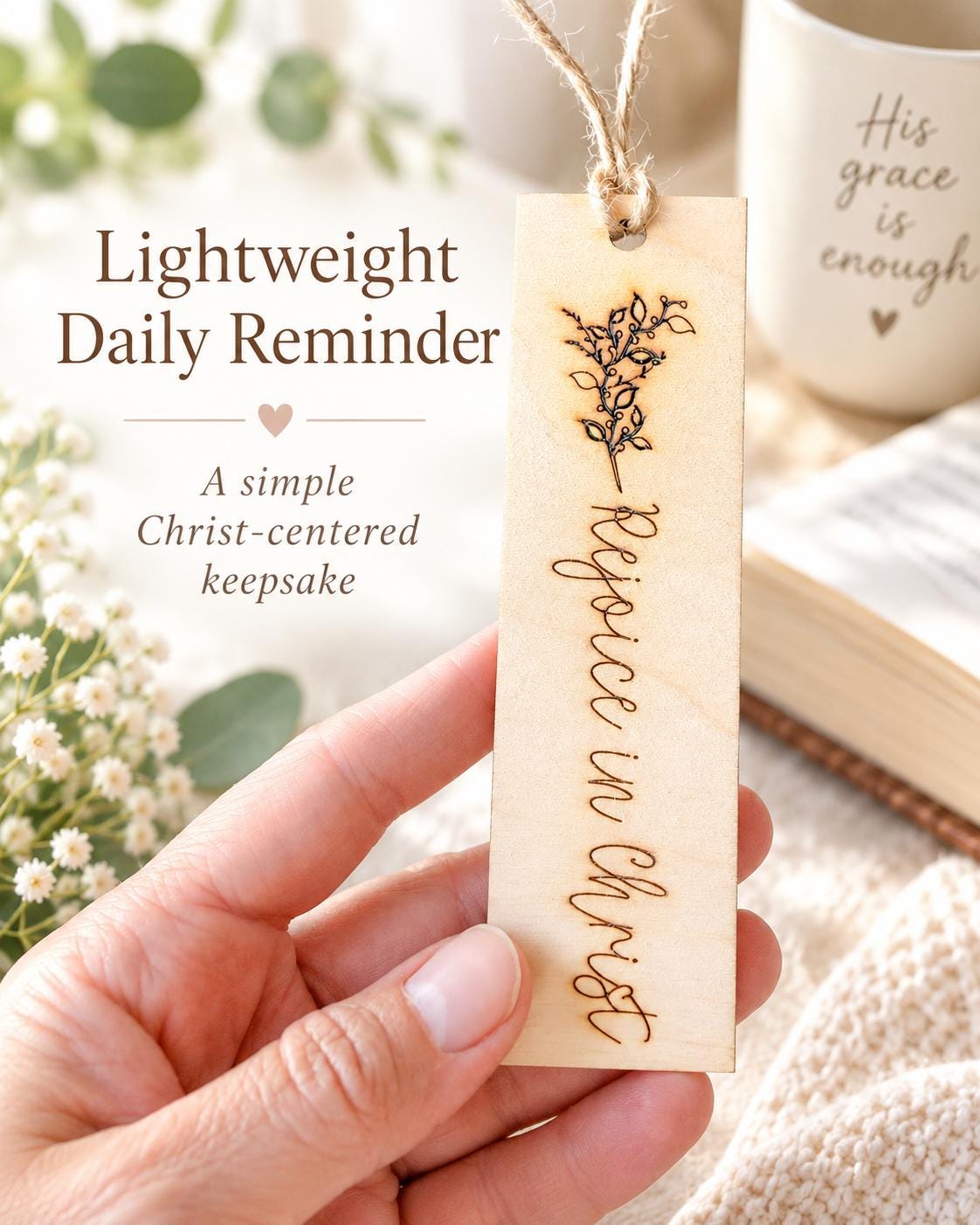 Rejoice in Christ Floral Wood Bookmark