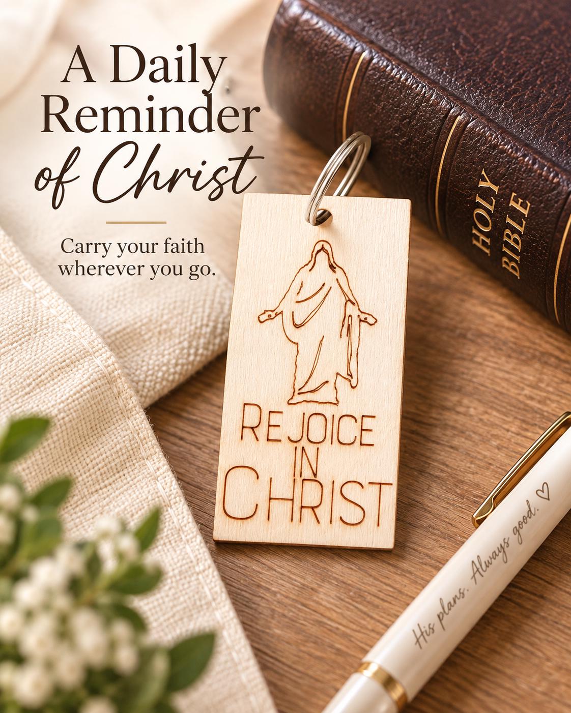 Rejoice in Christ Engraved Christus Keychain