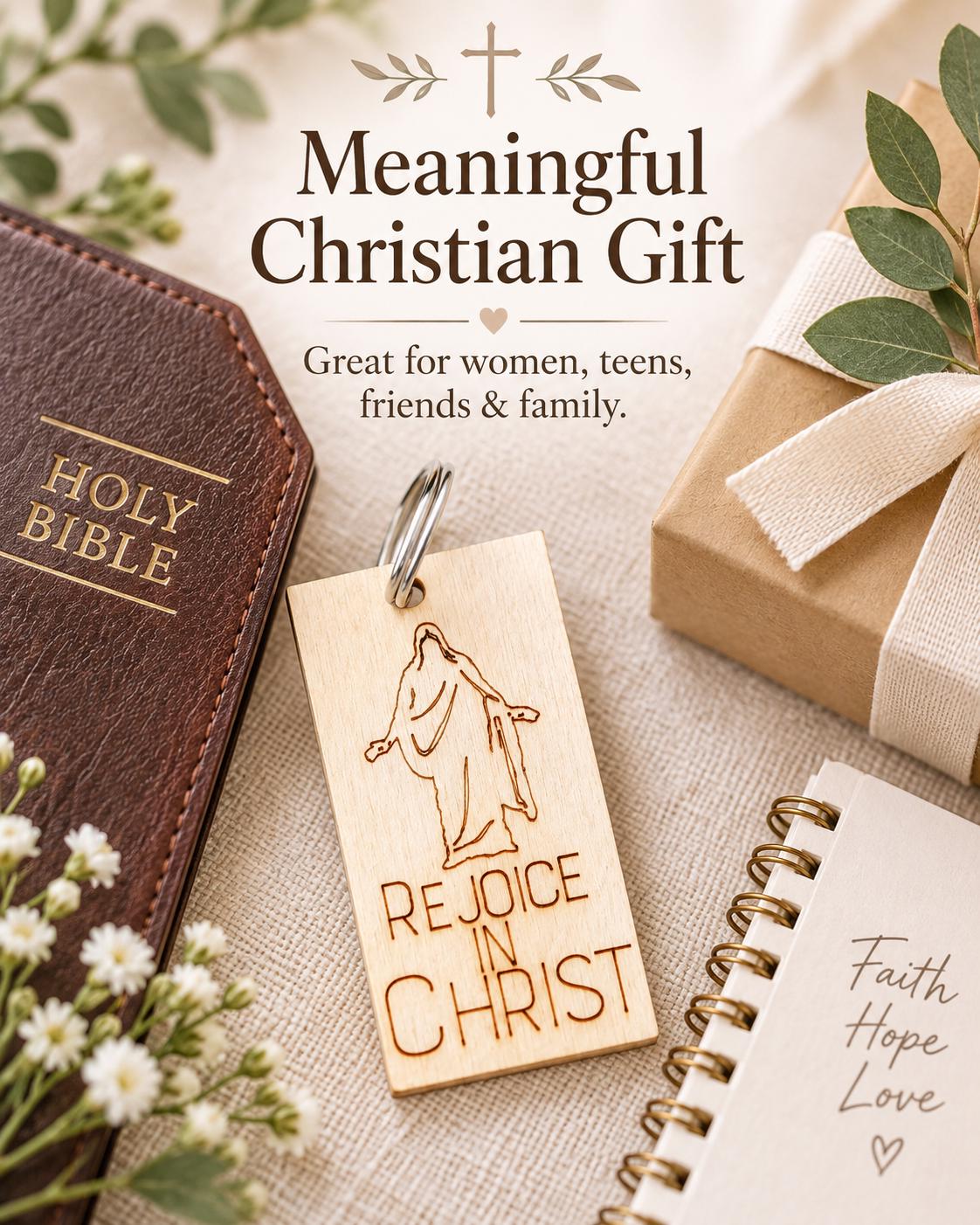 Rejoice in Christ Engraved Christus Keychain