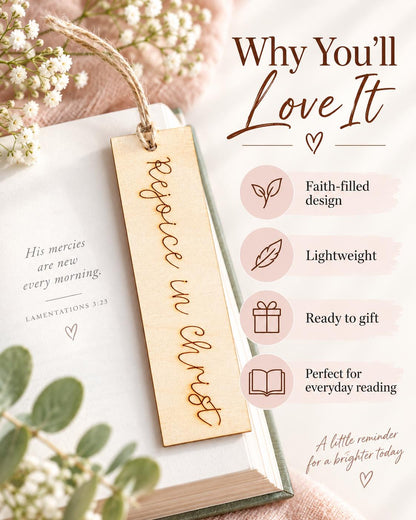 Rejoice in Christ Script Wood Bookmark