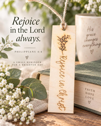 Rejoice in Christ Floral Wood Bookmark