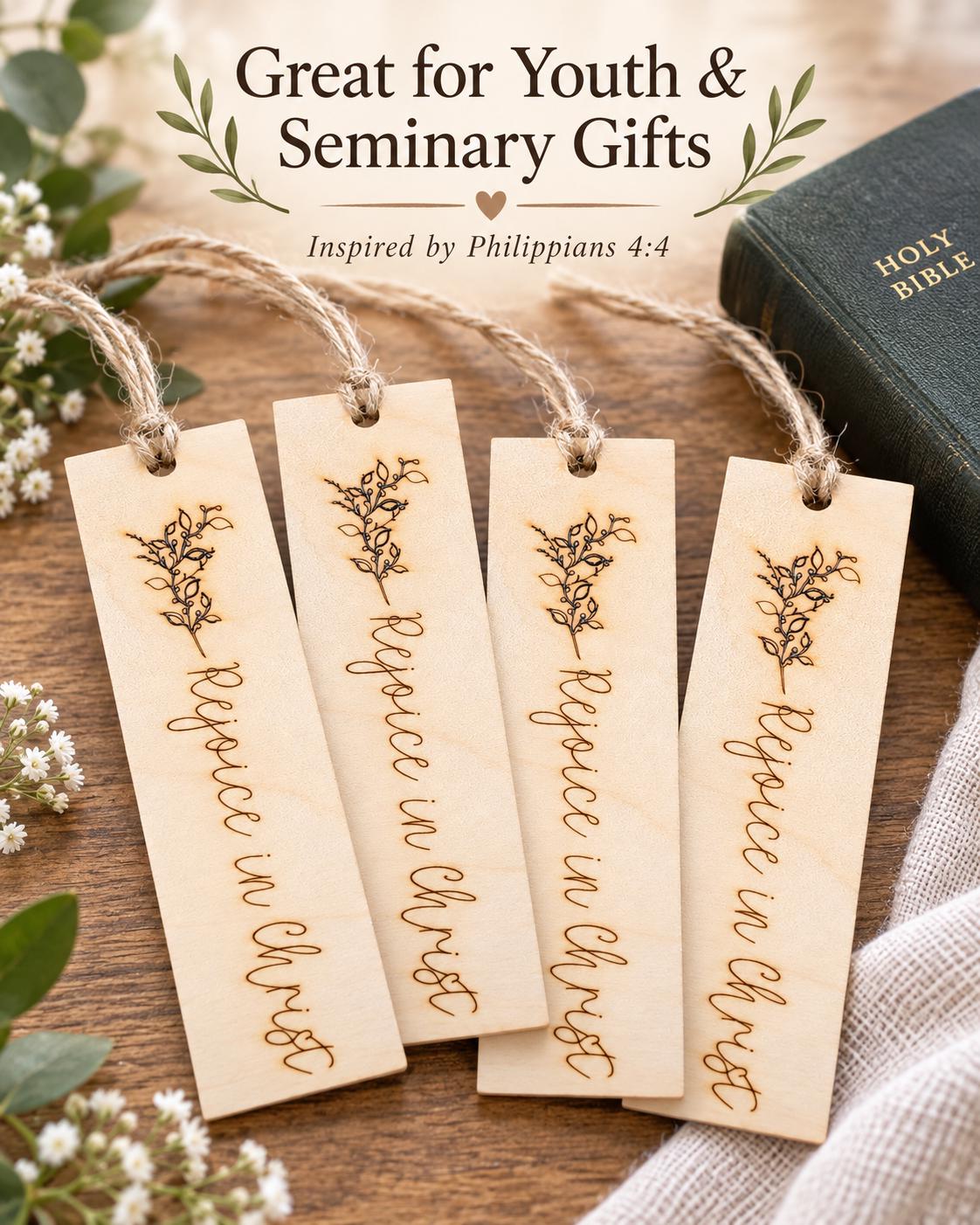 Rejoice in Christ Floral Wood Bookmark