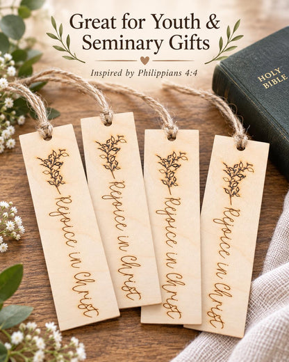 Rejoice in Christ Floral Wood Bookmark