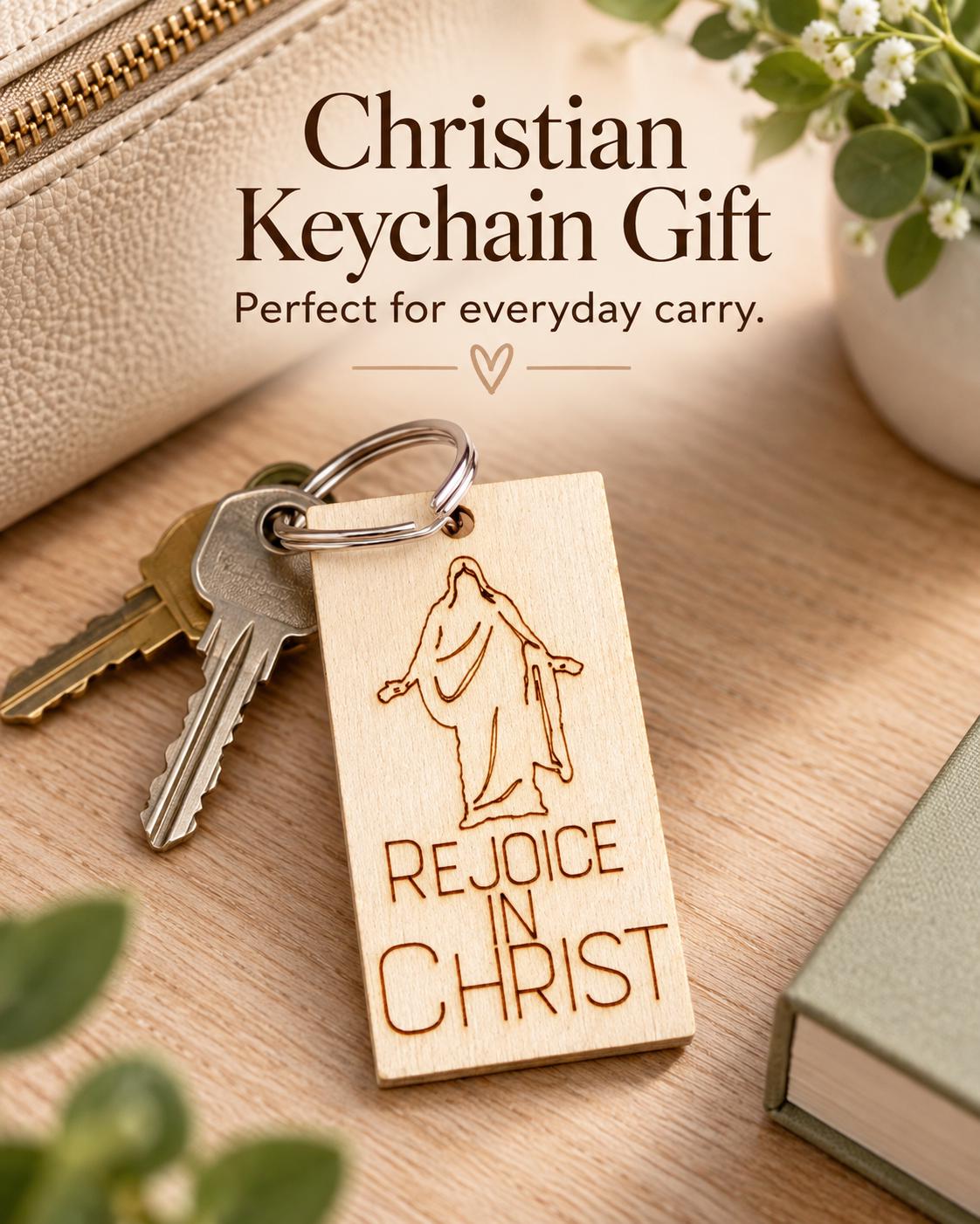 Rejoice in Christ Engraved Christus Keychain