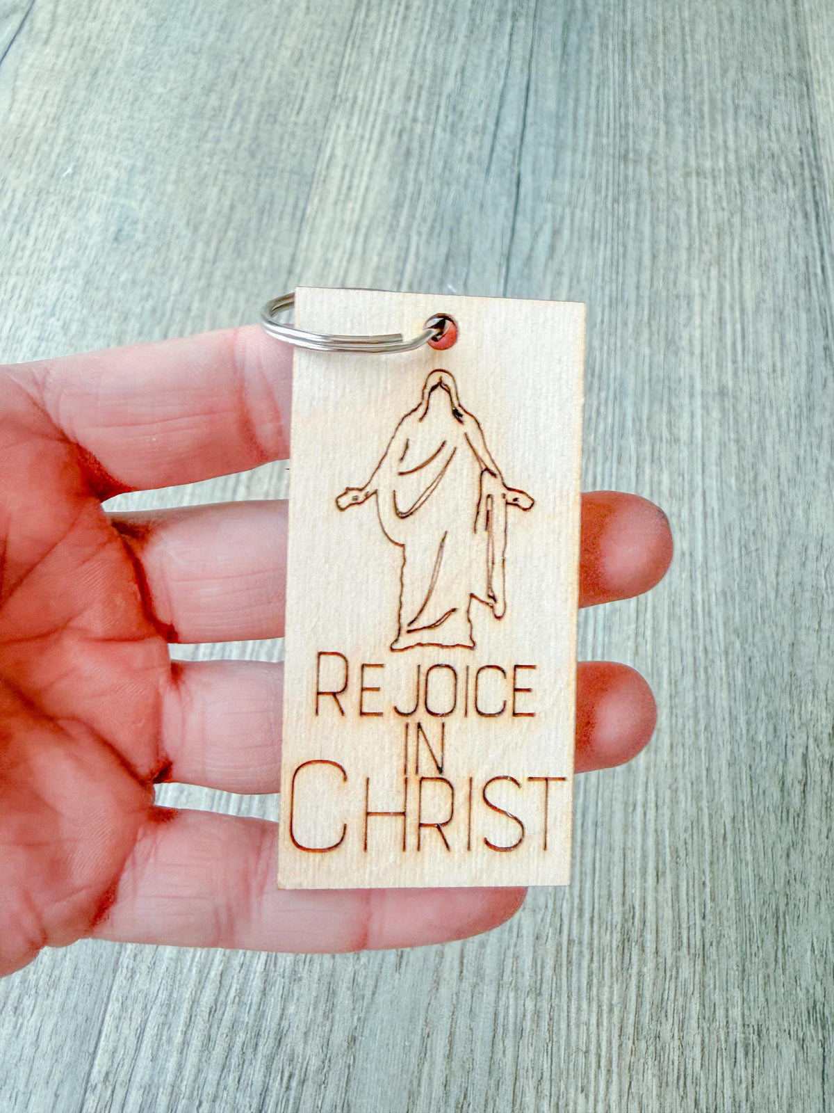 Rejoice in Christ Engraved Christus Keychain