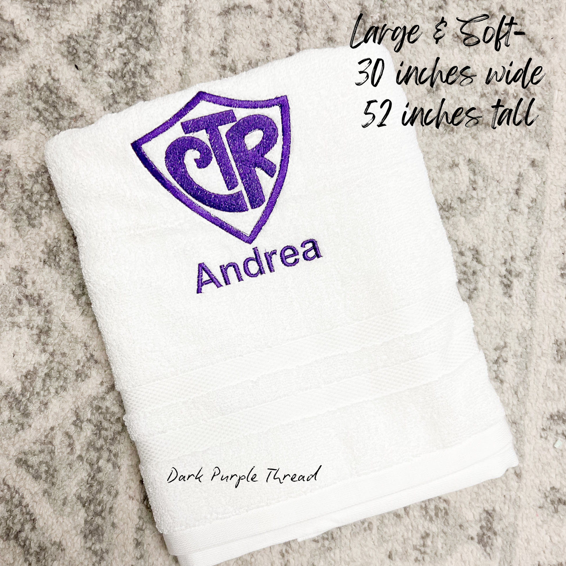 Baptism towel measuring 30x62 inches with visual scale for kids, soft white cotton fabric ideal for LDS baptism gift, towel shown folded to demonstrate generous size and fluffy texture, perfect for drying off post-ordinance
