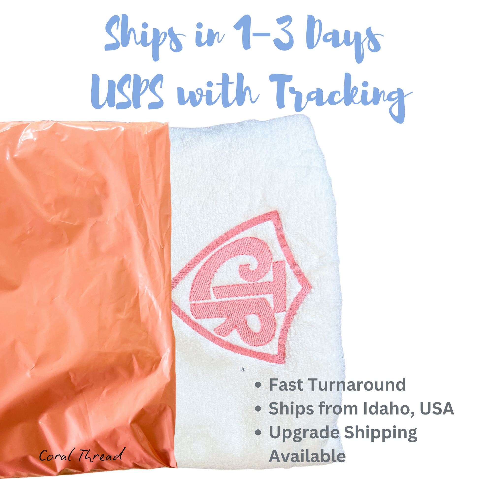 Fast shipping and 1–3 day processing for custom LDS baptism towels, USA-based seller Heavenly Reminder Gifts, ideal for last-minute baptism gifts with reliable USPS tracking